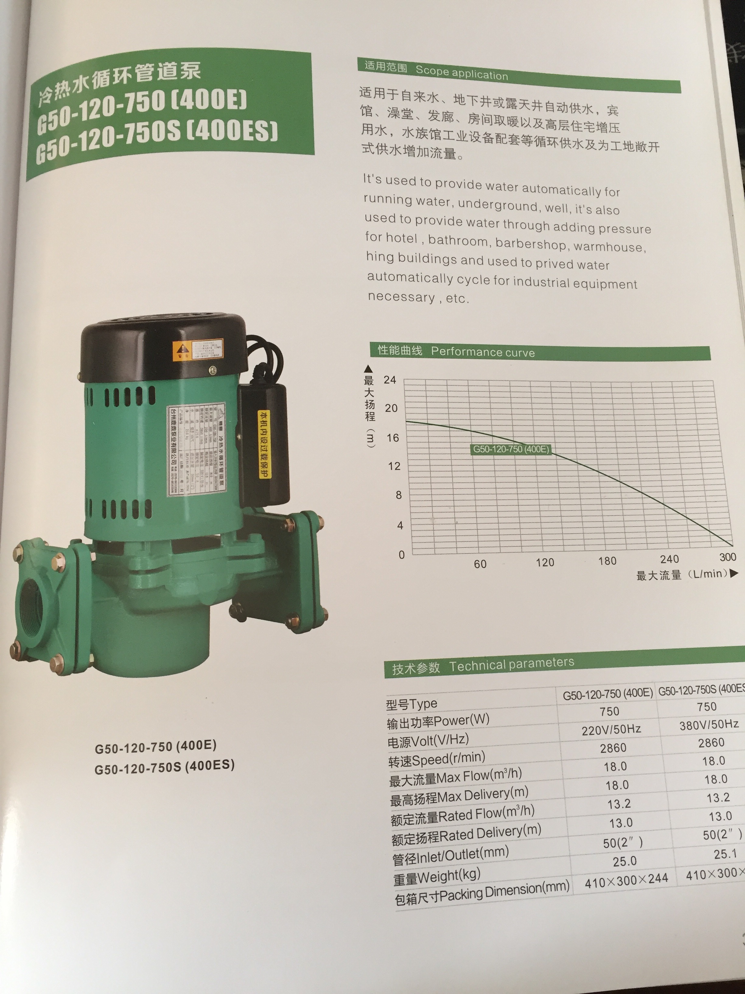 鹿鼎G50-120-750(400E)冷热水循环管道泵(750W)
